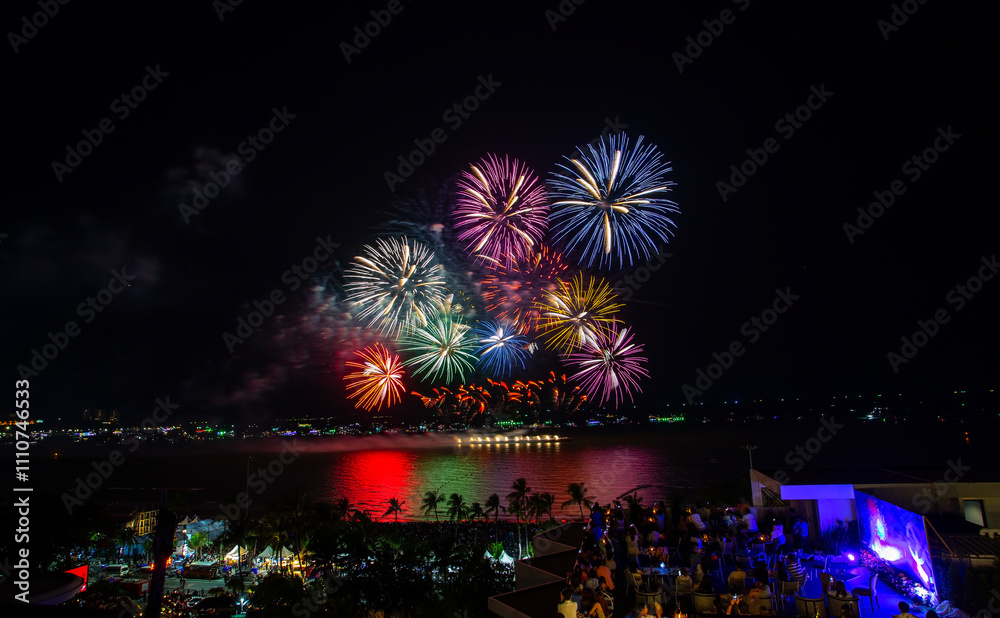 Fireworks on the beach at the Pattaya International Fireworks Festival 2024 held at Pattaya Beach, Fireworks on the beach at the Pattaya International Fireworks Festival 2024 held at Pattaya Beach,