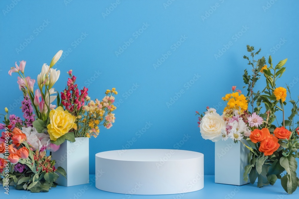 empty podium with colorful flowers empty podium with colorful flowers