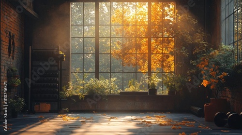 Sunlight Streaming Through a Window in an Empty Gym, Autumn Leaves Scattered on the Floor