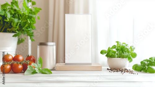 Blank white menu board with fresh ingredients on wooden table background