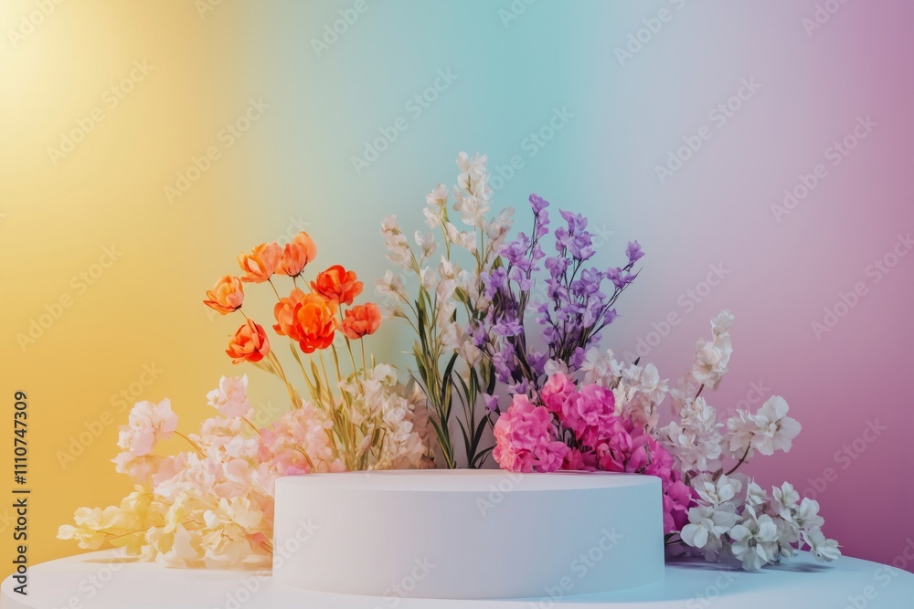 empty podium with colorful flowers empty podium with colorful flowers