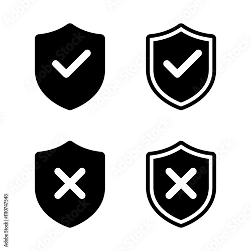 Shield with check mark and cross icon in trendy style. Safe and unsafe sign symbol