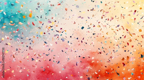 Colorful confetti falling against a soft pastel background, watercolor style photo