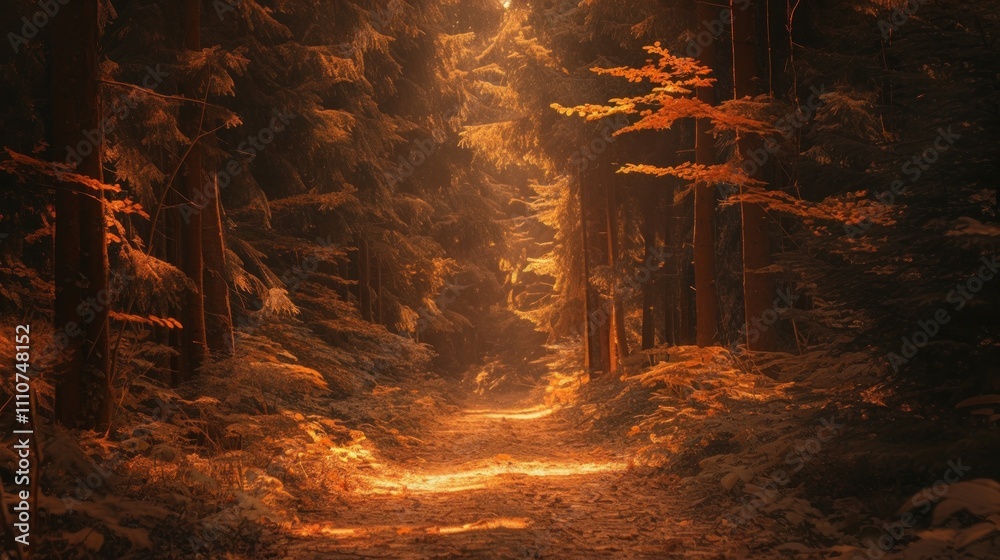 Obraz premium Sunlit path through autumnal forest.
