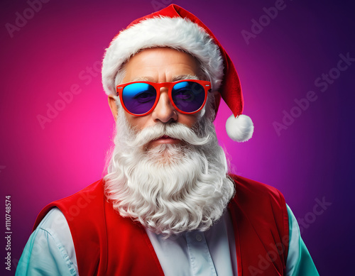 Santa claus in sunglasses and red vest