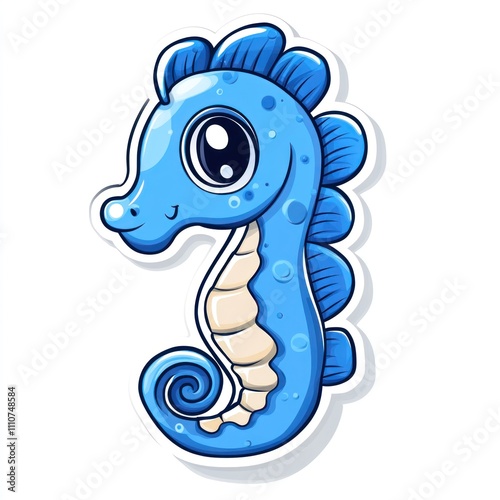 Adorable cartoon seahorse with big eyes, blue and white color scheme. photo