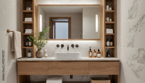 Luxury Bathroom with Wooden Accents and Oak Shelving Over the Sink