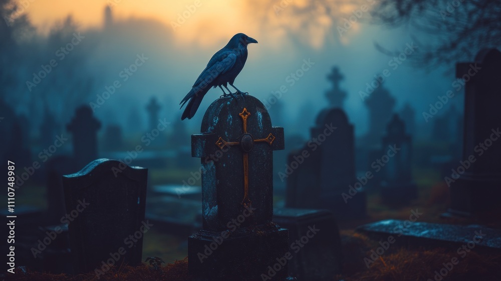 Mysterious Raven Perched on Gravestone in Foggy Cemetery at Dusk Mysterious Raven Perched on Gravestone in Foggy Cemetery at Dusk