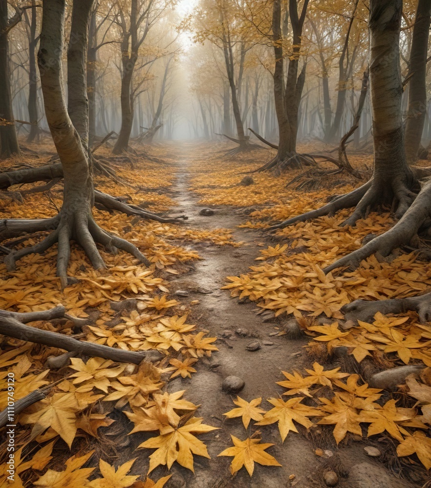 Forest ground covered with a thick layer of decaying golden Acer leaves and twigs , fallen leaves, leaf litter, autumnal landscape Forest ground covered with a thick layer of decaying golden Acer leaves and twigs , fallen leaves, leaf litter, autumnal landscape