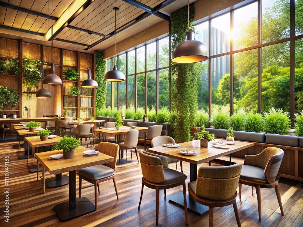Obraz premium Modern Restaurant Interior with Wooden Furniture, Lush Greenery, and Warm Lighting for Cozy Dining Experience