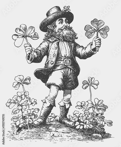 Vintage Black and White Leprechaun Illustration with Shamrocks. Vector Design.