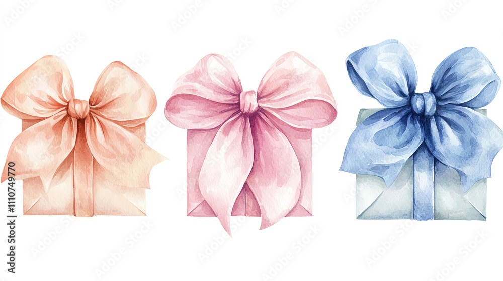 Gift boxes in various colors with large bows in soft watercolor tones, on a white background Gift boxes in various colors with large bows in soft watercolor tones, on a white background