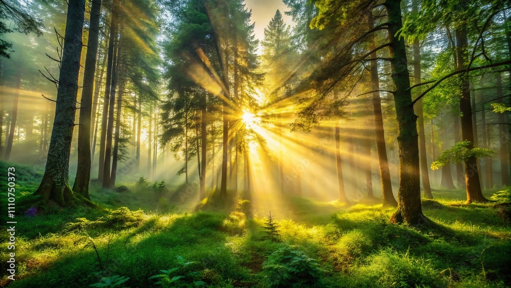 Obraz premium Mystical Forest Landscape with Sun Rays Piercing Through Fog, Creating a Magical Atmosphere in a Lush Green Environment Perfect for Nature Lovers and Dreamers