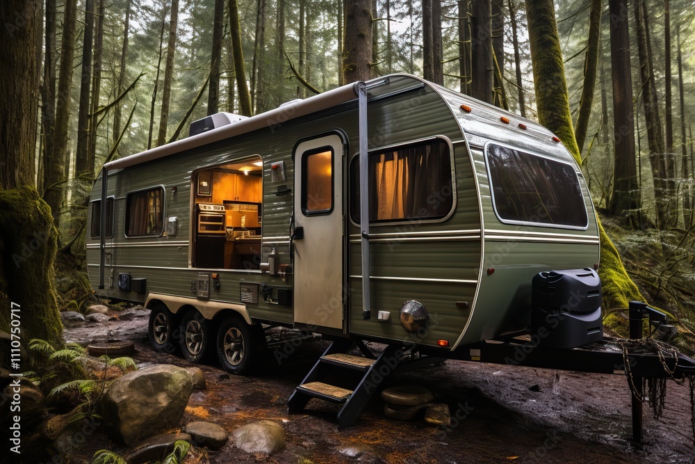 Naklejka premium Open trailer in the forest, comfortable outdoor recreation.