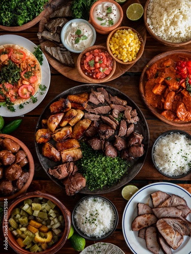 A variety of Brazilian dishes served on a large wooden table, which are ready to be eaten.