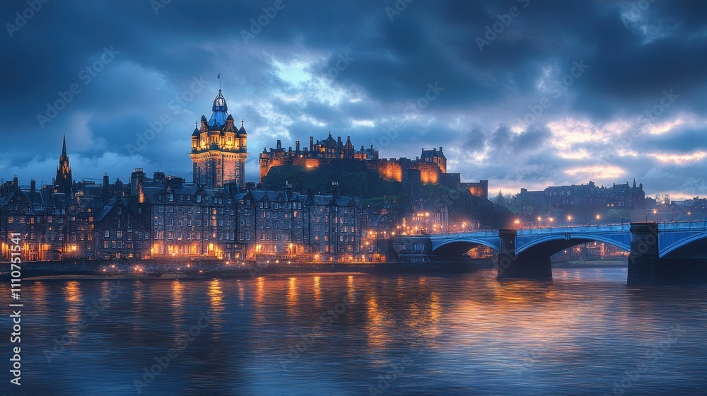 Twilight cityscape with castle, river, and bridge. Twilight cityscape with castle, river, and bridge.