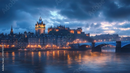 Twilight cityscape with castle, river, and bridge.