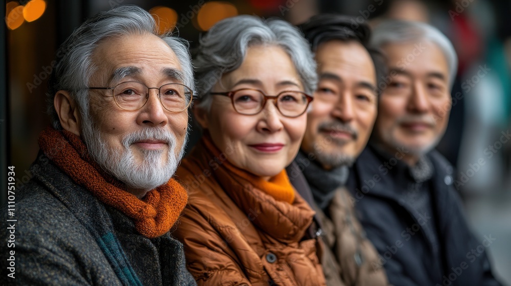 A group of four older adults smiling together, showcasing friendship and connection. A group of four older adults smiling together, showcasing friendship and connection.