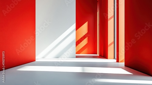 Minimalist Interior Design Featuring Bold Red and White Walls with Sharp Edged Rectangles and Dramatic Light Effects for Modern Spaces