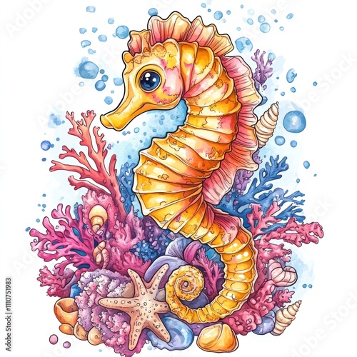 Here's a  and keyword list for your stock photo.. Adorable cartoon seahorse among vibrant coral reef. photo