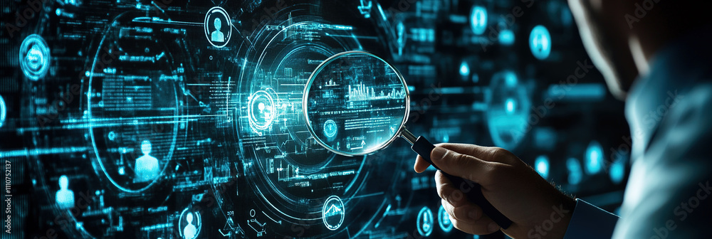 Featuring a Man with a Magnifying Glass Emphasizing a Circle of People Icons, Representing Audience Targeting, Digital Marketing Strategies, Online Recruitment, Talent Search, Business Discovery, Featuring a Man with a Magnifying Glass Emphasizing a Circle of People Icons, Representing Audience Targeting, Digital Marketing Strategies, Online Recruitment, Talent Search, Business Discovery,