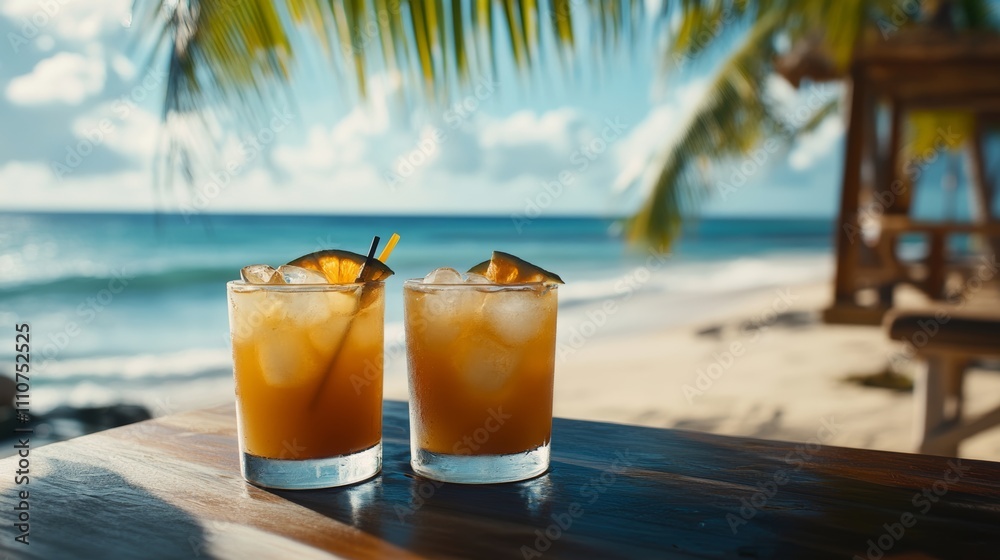Tropical drinks on a beachside bar, capturing the refreshing essence of summer Tropical drinks on a beachside bar, capturing the refreshing essence of summer