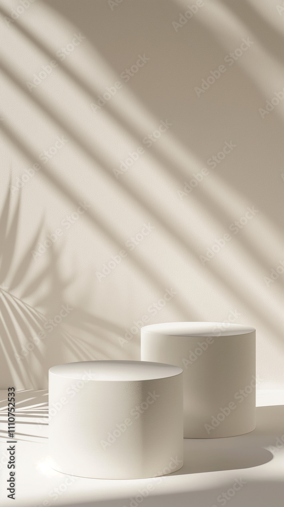 Composition made with two white columns of the podium, shadows from plants. Background for displaying objects, cosmetics or perfumes. Stage for presentation of a cosmetic product. Vertical light photo Composition made with two white columns of the podium, shadows from plants. Background for displaying objects, cosmetics or perfumes. Stage for presentation of a cosmetic product. Vertical light photo
