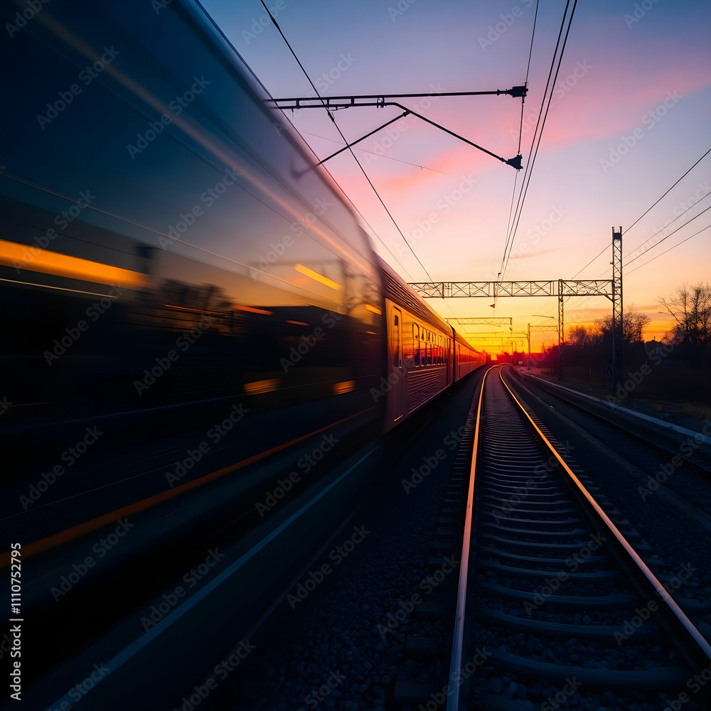 Transportation mode speeds on railroad tracks at sunset generative AI Transportation mode speeds on railroad tracks at sunset generative AI