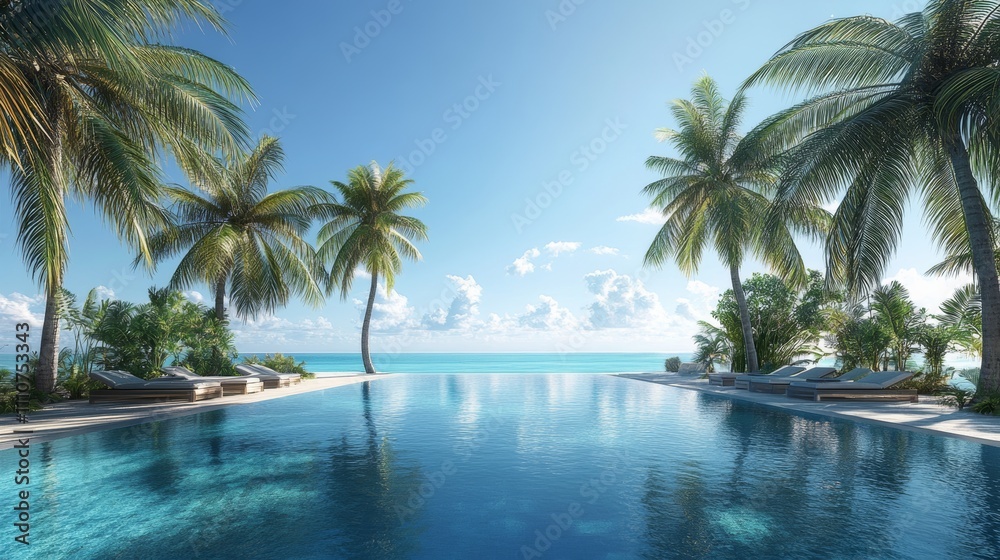 Tropical summer destination with palm trees and blue ocean views, ideal for a getaway Tropical summer destination with palm trees and blue ocean views, ideal for a getaway