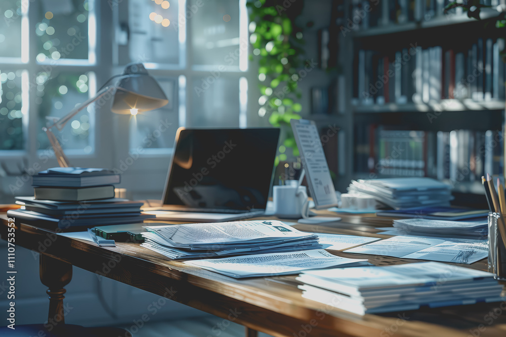 A pile of documents sits on a desk in a minimalist office. A pile of documents sits on a desk in a minimalist office.