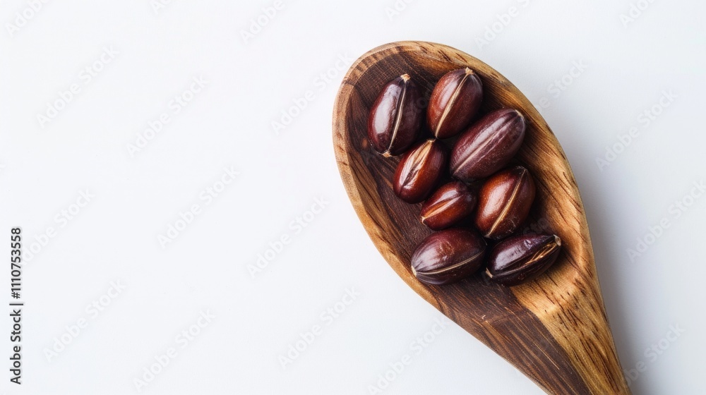 A close-up of jojoba fruits placed on a wooden spoon against a white background, highlighting the natural texture and organic essence of the jojoba seeds. Generative AI A close-up of jojoba fruits placed on a wooden spoon against a white background, highlighting the natural texture and organic essence of the jojoba seeds. Generative AI