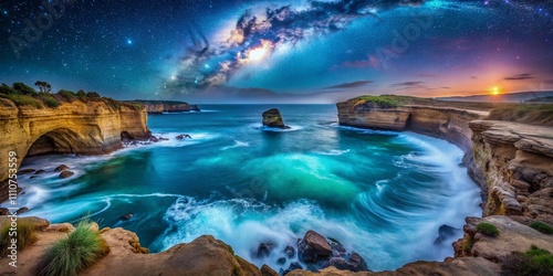 Night Photography of the Mesmerizing Waves at Broken Beach with Stars and Moonlight Enhancing the Scenic Beauty of the Ocean and Cliffs in a Serene Coastal Landscape