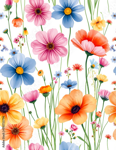 Watercolor seamless floral background. Colorful field flowers on white. Hand drawn pattern, one line art