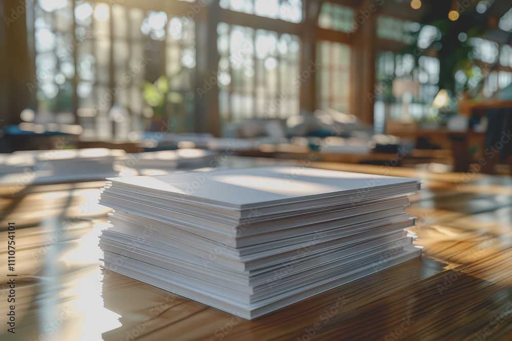 A pile of documents sits on a desk in a minimalist office. A pile of documents sits on a desk in a minimalist office.