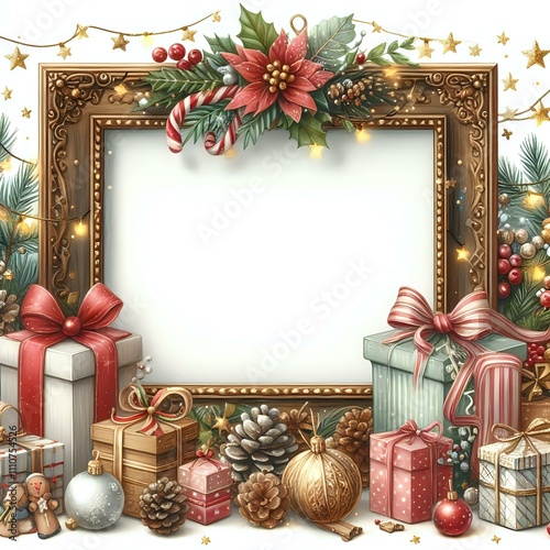 Festive Christmas Frame with Holiday Decorations