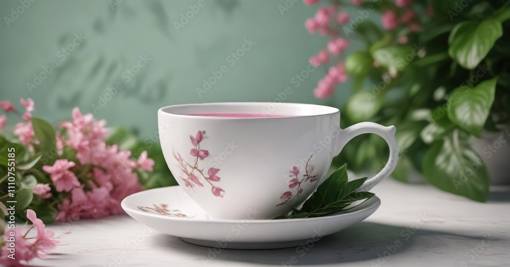 Modern white teacup filled with pink drink and accentuated by green and pink foliage, artistic, zen garden, aesthetic, refreshing drink Modern white teacup filled with pink drink and accentuated by green and pink foliage, artistic, zen garden, aesthetic, refreshing drink