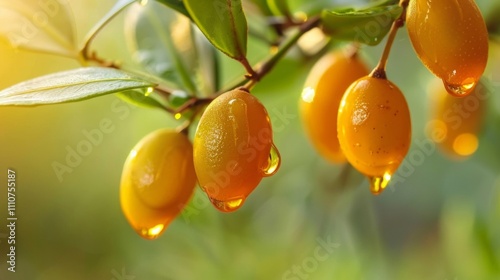 Fototapeta Naklejka Na Ścianę i Meble -  Detailed close-up shot of jojoba fruits with golden oil droplets dripping from them, emphasizing the smooth texture. Generative AI