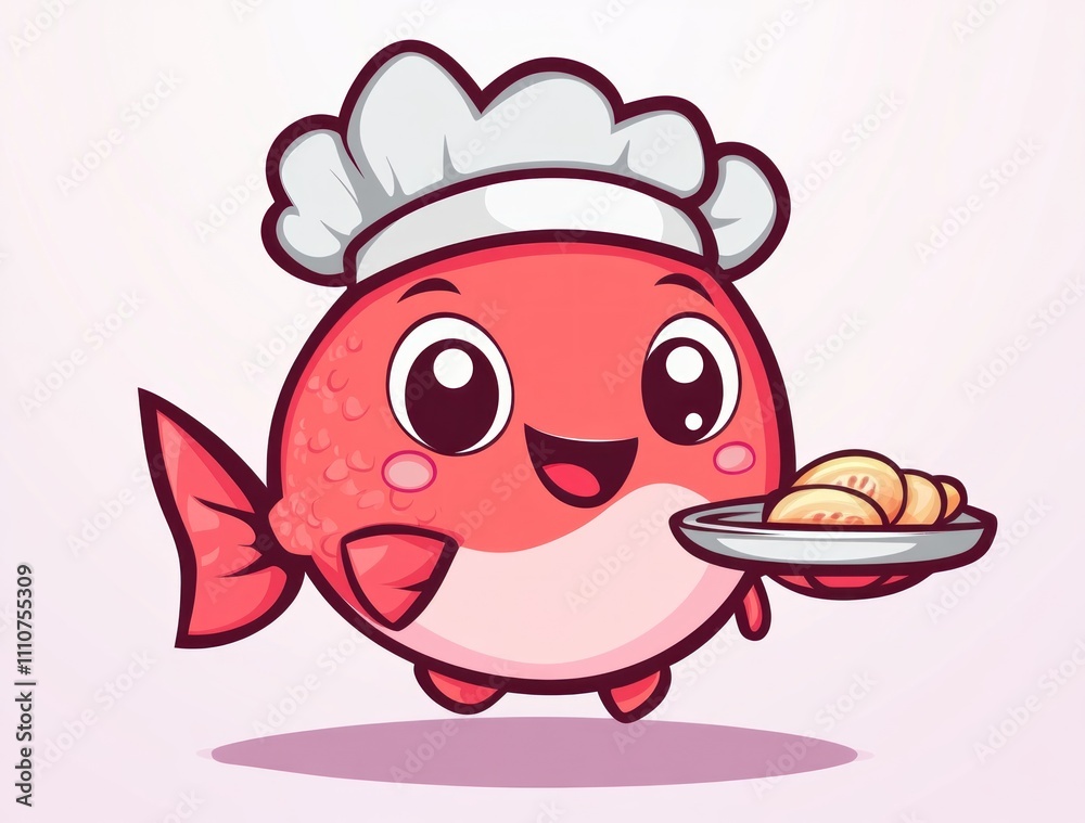 Cute cartoon chef fish serving food on a tray. Cute cartoon chef fish serving food on a tray.