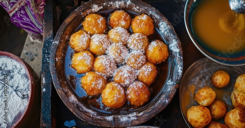 Mexican Buñuelos with Piloncillo Syrup. AI generated illustration. photo