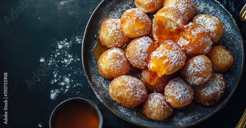 Mexican Buñuelos with Piloncillo Syrup. AI generated illustration. photo