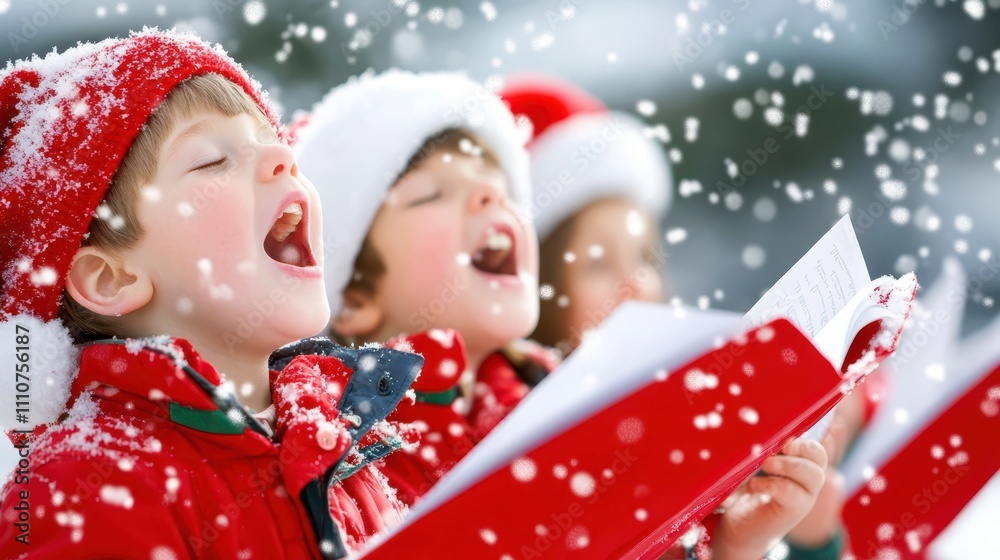 Children in Santa hats singing Christmas carols in a snowy setting, representing holiday tradition, joy, and community spirit. Children in Santa hats singing Christmas carols in a snowy setting, representing holiday tradition, joy, and community spirit.