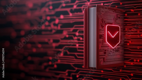 Technology Addiction conceptual. Digital red shield icon on circuit board background with book design.