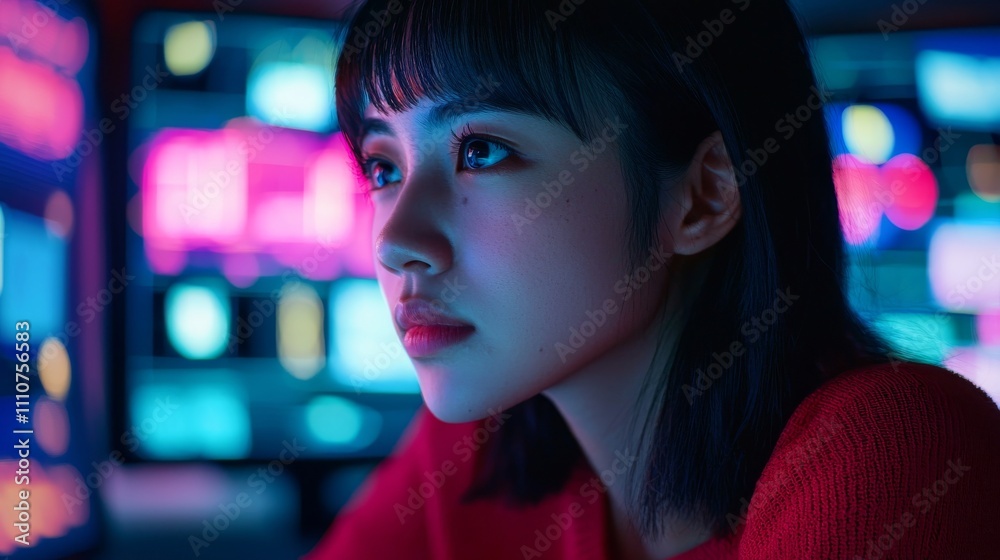 Technology Addiction conceptual. A focused woman in a vibrant, tech-inspired environment. Technology Addiction conceptual. A focused woman in a vibrant, tech-inspired environment.