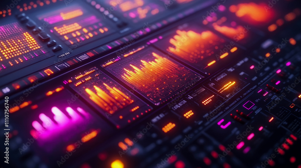 Colorful soundwaves and digital displays capture the essence of creative music production in a high-tech studio environment Colorful soundwaves and digital displays capture the essence of creative music production in a high-tech studio environment