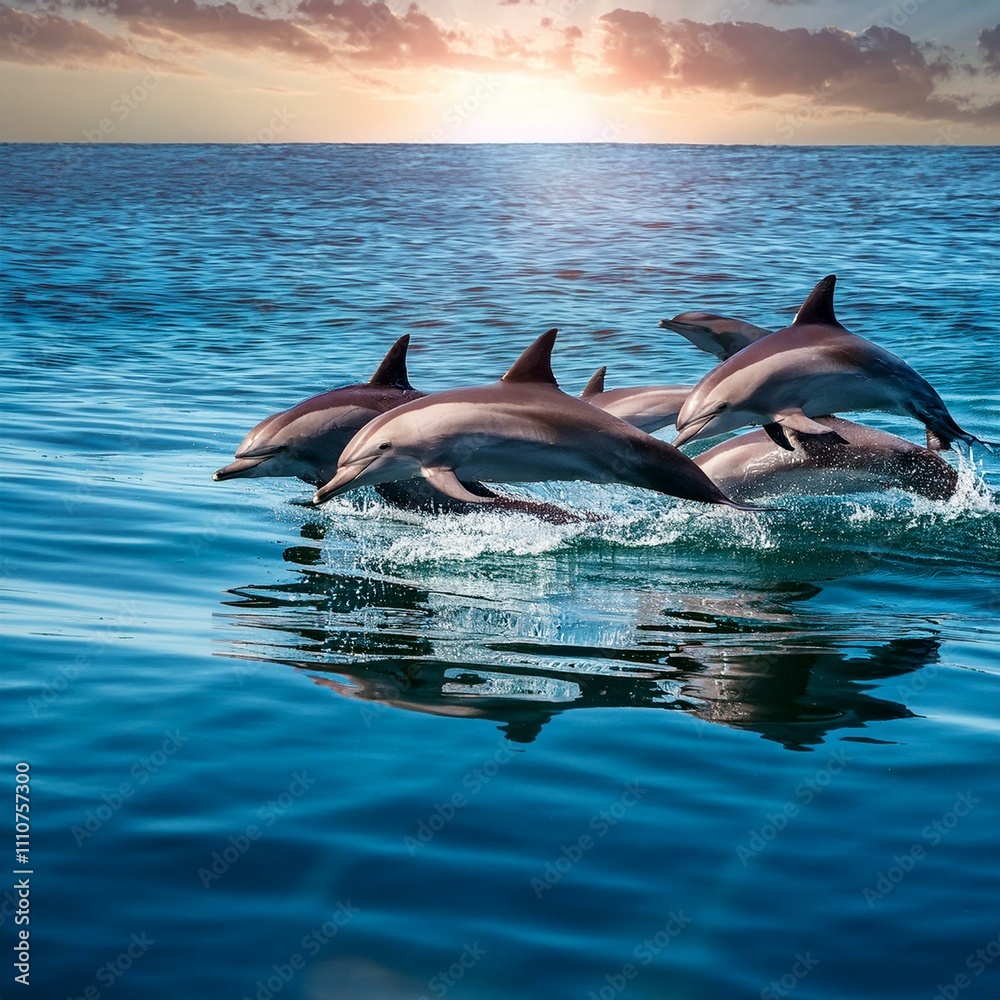 Fototapeta premium A dolphin pod swimming playfully near the surface of the ocean, with reflections of the sun