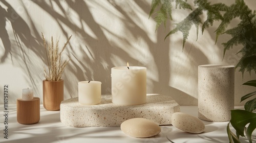 Wellness and beauty products with calming elements like candles and plants