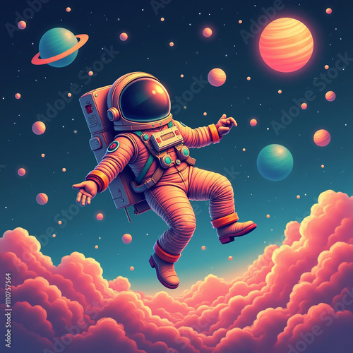 Cosmic Adventure: A retro astronaut floating through space with a vintage spacesuit, surrounded by glowing planets and stars in bright pastel