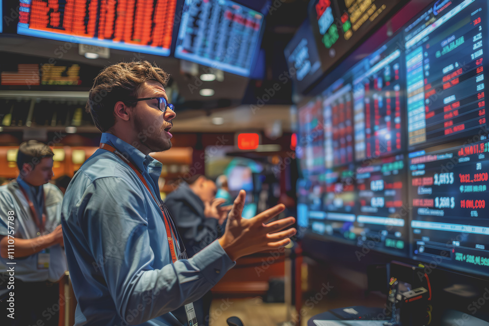 A stock market analyst is presenting a report to a group of investors using a screen to analyze data A stock market analyst is presenting a report to a group of investors using a screen to analyze data
