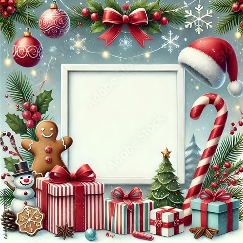 Festive Christmas Frame with Holiday Decorations