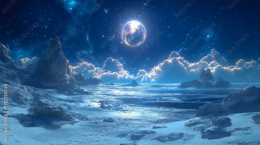 Fototapeta premium A stunning vista showcases a bright moon illuminating the serene ocean waters under a starry sky, with clouds softly reflecting the light